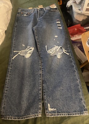Levis Wms 30x27 Denim Jeans Blue Ribcage Straight Ankle Distressed Button Fly