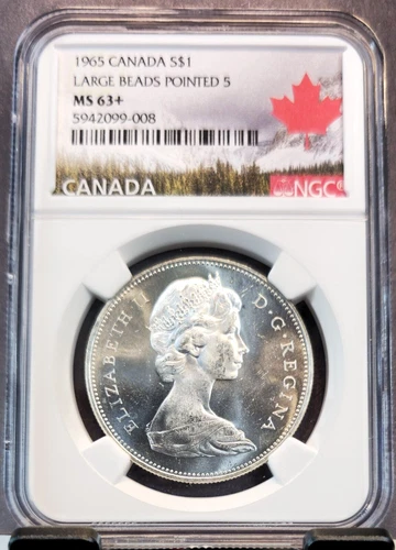 1965 CANADA SILVER 1 DOLLAR LARGE BEADS POINTED 5 NGC MS 63+ RARE NON PL VARIETY