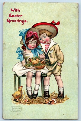 Katharine Gassaway Signed Postcard Easter Greetings Children Hatched Egg Chicks