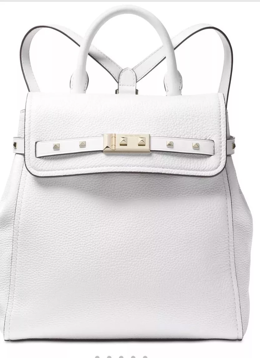 New Michael Kors Addison Backpack optic white Leather gold stud flap snap bag