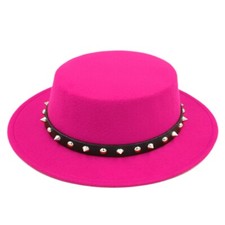 Women Men Flat Top Boater Hat Wide Brim Pork Pie Fedora Cap Rivets Leather Belt
