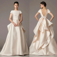 Champagne Short Sleeved Satin Wedding Dress with Bow Floor Length Custom Made