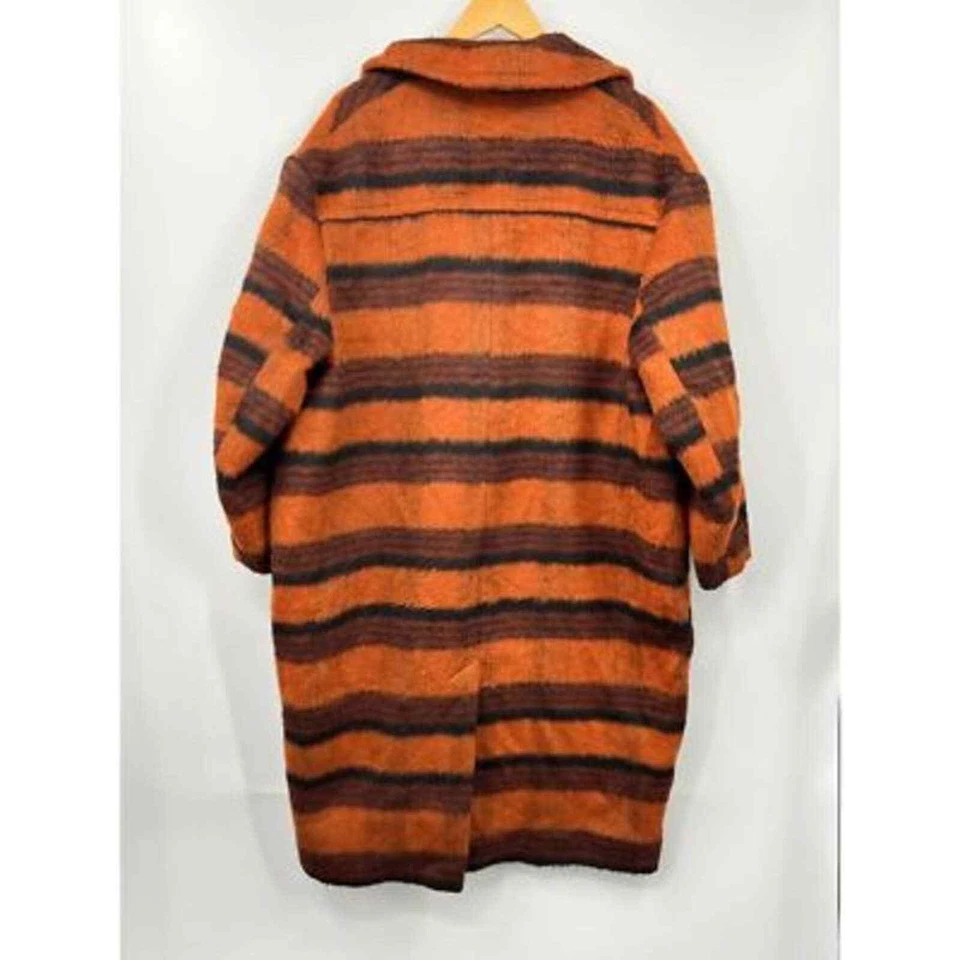 Asos Womens Brushed Coat Brown Orange Striped Buttons Pocket Flaps Collar 12 - Image 2 of 4