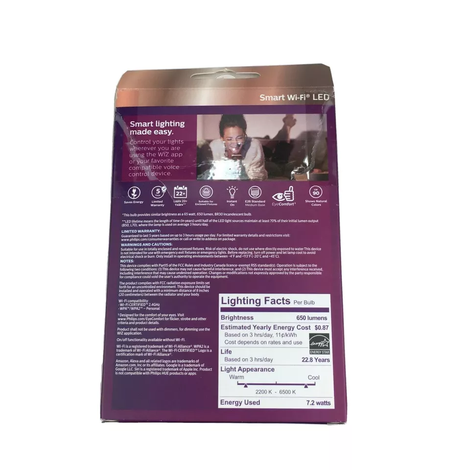 Phillips Color and Tunable White LED 65-Watt Smart Wi-Fi Wiz Light - 2 Bulbs A13 - Image 3 of 4