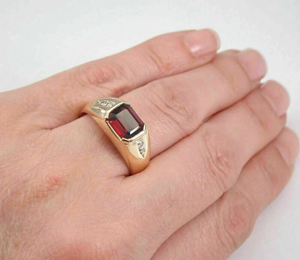 Anillo de boda vintage de oro amarillo de 14 quilates de 3 quilates con granate y diamantes creados en laboratorio para hombre Foto 2 de 4