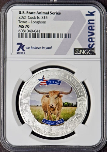 2021 Cook Islands Silver $5 Texas Longhorn 7K NGC MS70 - ✪COINGIANTS✪