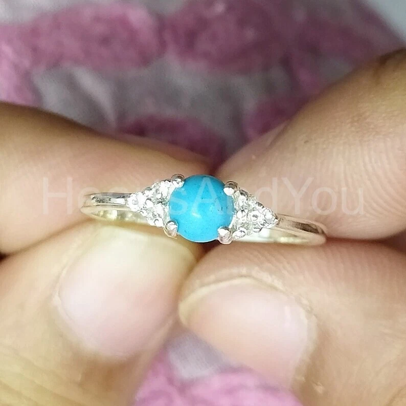 1ct Round Cut Natural Turquoise & Diamond 14k SOLID White Gold Engagement Ring - Image 3 of 4