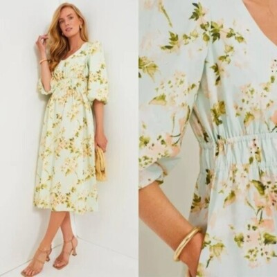 #ad Tuckernuck NEW Aqua Watercolor Marlena Floral Sundress Midi Dress Size XS $138.60