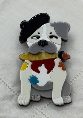 French Painter Puppy Dog Paint Brush Mouth & Red Scarf Splashes Paint Brooch Pin