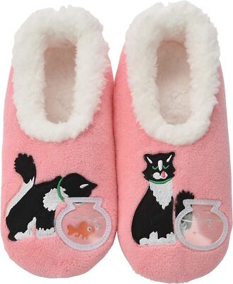 Snoozies Pairable Slipper Socks House Slippers Large, Cat/Fishbowl Pink 
