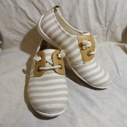 🩰 Ros Hommerson Slip On Comfort Flats 8 W Tan Stripe Fabric; Elastic Vamp