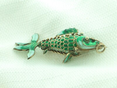 Ausgefallenes Sterlingsilber & Gold Overlay vernetzt beweglich Fisch Anhänger Vintage