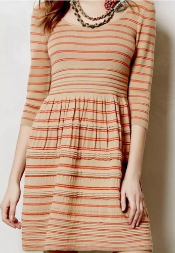 Anthropologie Knitted Knotted Elodie Dress S 3/4 Sleeve Tan Stripe Keyhole Back