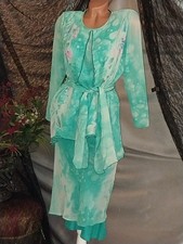 VTG SILK YOLANDA LORENTE HAND PAINTED FLORAL seafoam LAYERS SKIRT BLOUSE L 44