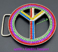 PEACE SYMBOL RHINESTONE BELT BUCKLE 3.25" Diameter