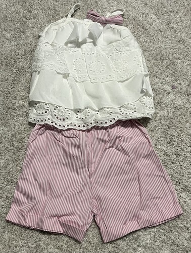 Top con volant e occhielli bianchi e camicie a righe rosa e bianche vestito bambina 2-3t - Foto 1 di 9