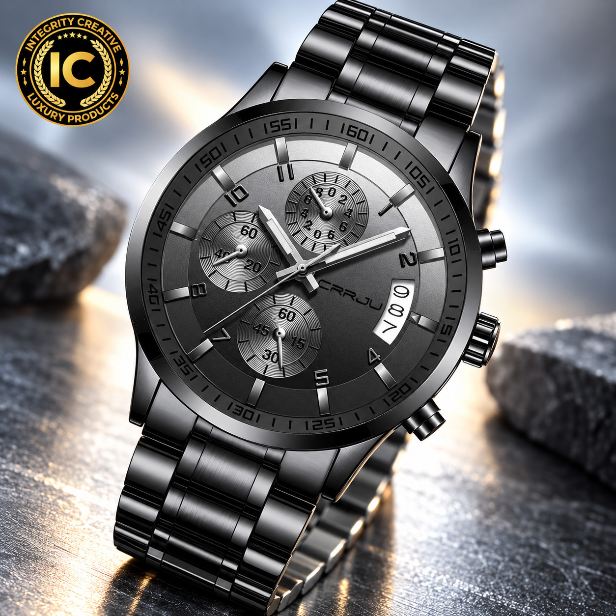 Men's Expensive Looking 42MM Luxury Quartz Watch Black Stainless Steel Gray Dial