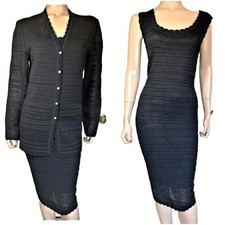 Excellent St John Black Santana Knit Scalloped Dress Jacket Suit sz 12