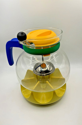 Vintage Bodum Teekanne Memphis Design Gelb Blau Grün mit Stövchen Untersetzer