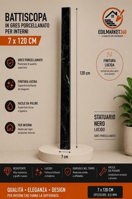 1pc (120cm) PORCELAIN STONEWARE GLOSSY BLACK STATUARY SKIRTING BOARD 7x120cm