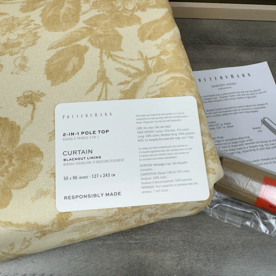 Pottery Barn (1) Sorrel Toile Blackout Curtain Drape 50”x96” Gold W/Hooks NWOT - Image 3 of 4