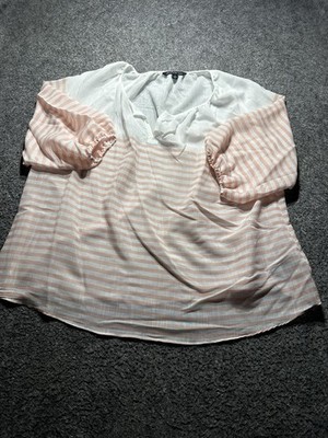 Zac&Rachel Woman Sz 2X Pullover Sheer Blouse Peach 3/4 Elastic Sleeve V-Neck