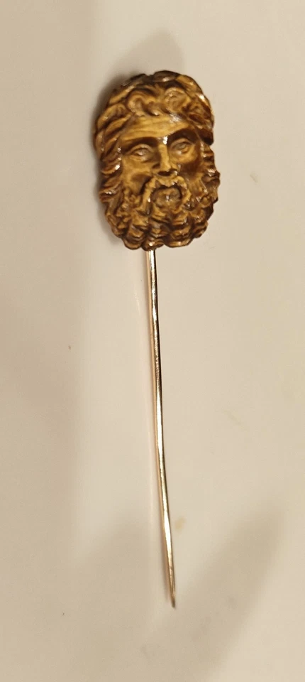 古董老虎之眼 14K 金雕刻胡子希腊神祖斯棒别针 — 第 3/4 张图片