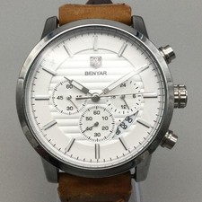 Benyar Chronograph Mens Watch 44mm White Dial Brown Leather Date New Battery