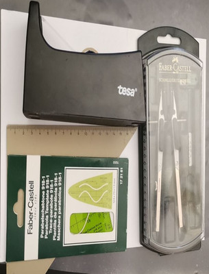 Tesa-Film Abroller, Zirkel, Lineal, Parabelschablone, 3x Tesa Nachfüllpack