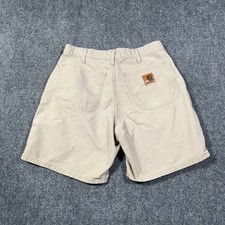 VTG Carhartt B145 Canvas Work Shorts Men 32 Relaxed Utility Tan Leather Patch