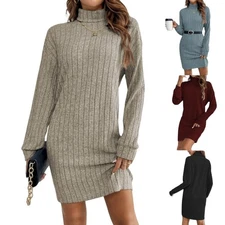 Women's Turtleneck Knit Sweater Dress Ribbed Bodycon Long Lantern Sleeve Dresses