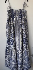 Farm Rio S Maxi Pineapple Garden Dress Cotton Spaghetti Strap Beads Blue