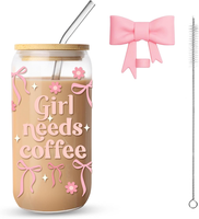 16Oz/500Ml Glas Mit Deckel Und Strohhalm, ÄSthetischer Becher Mit Schleife FüR I
