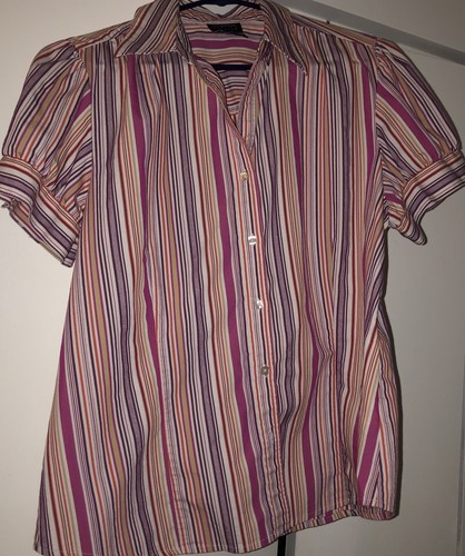George Stretch Striped Button Down Short Sleeve Shirt Top Size Large Womens - Picture 2 of 16
