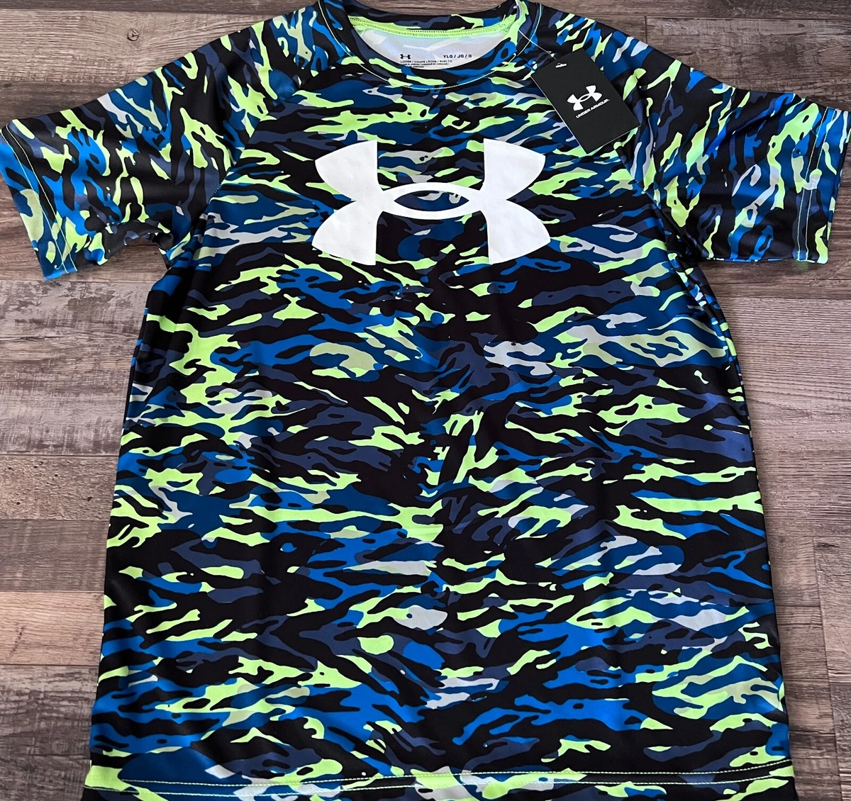NWT Under Armour YLG Boys Neon Green Blue Black White Big Logo Shirt Large