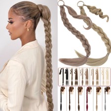 34" Long Braided Ponytail Extension with Hair Tie Straight Wrap around Pony Tail