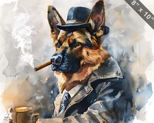 German Shepherd in a gangster outfit with a cigar waterc 8x10 Print