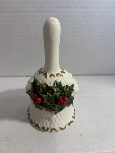 Vintage White Porcelain Christmas Bell with Holly, Berries, and Roses