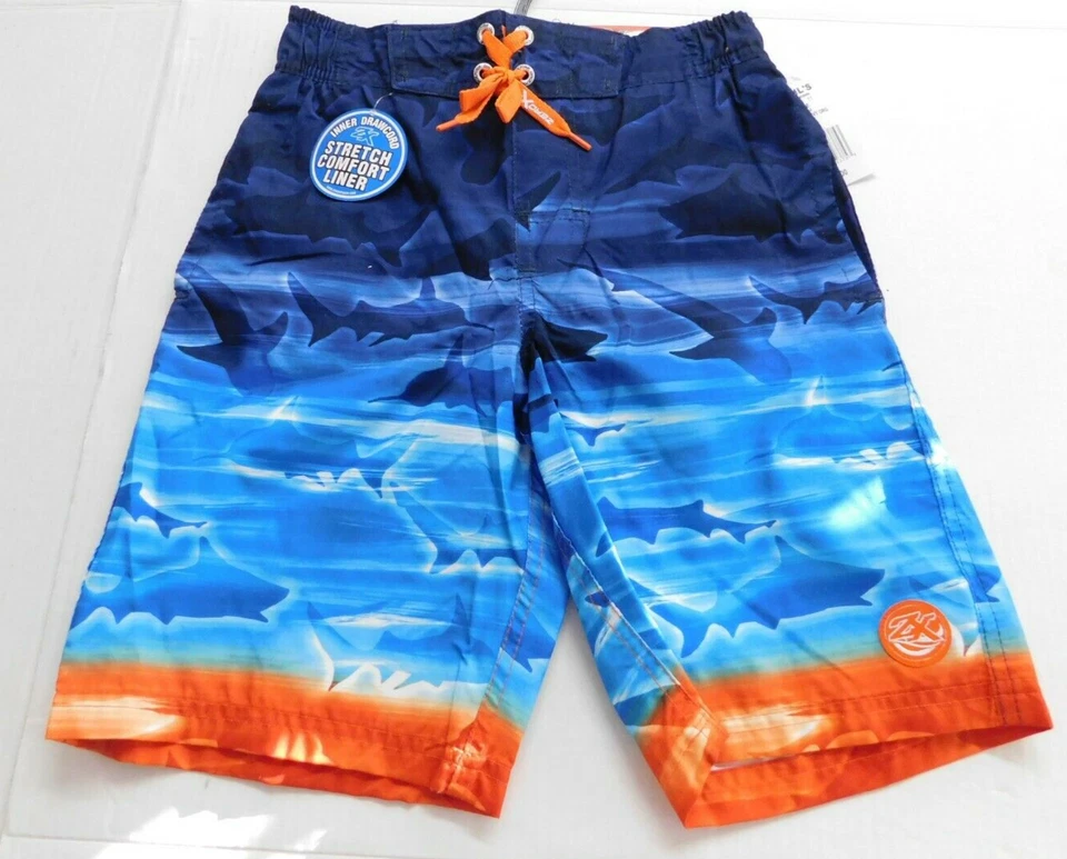 ZeroXposur Boy's Swim Shorts Trunks Navy/Orange Sharks Size S 8 - Image 3 of 4
