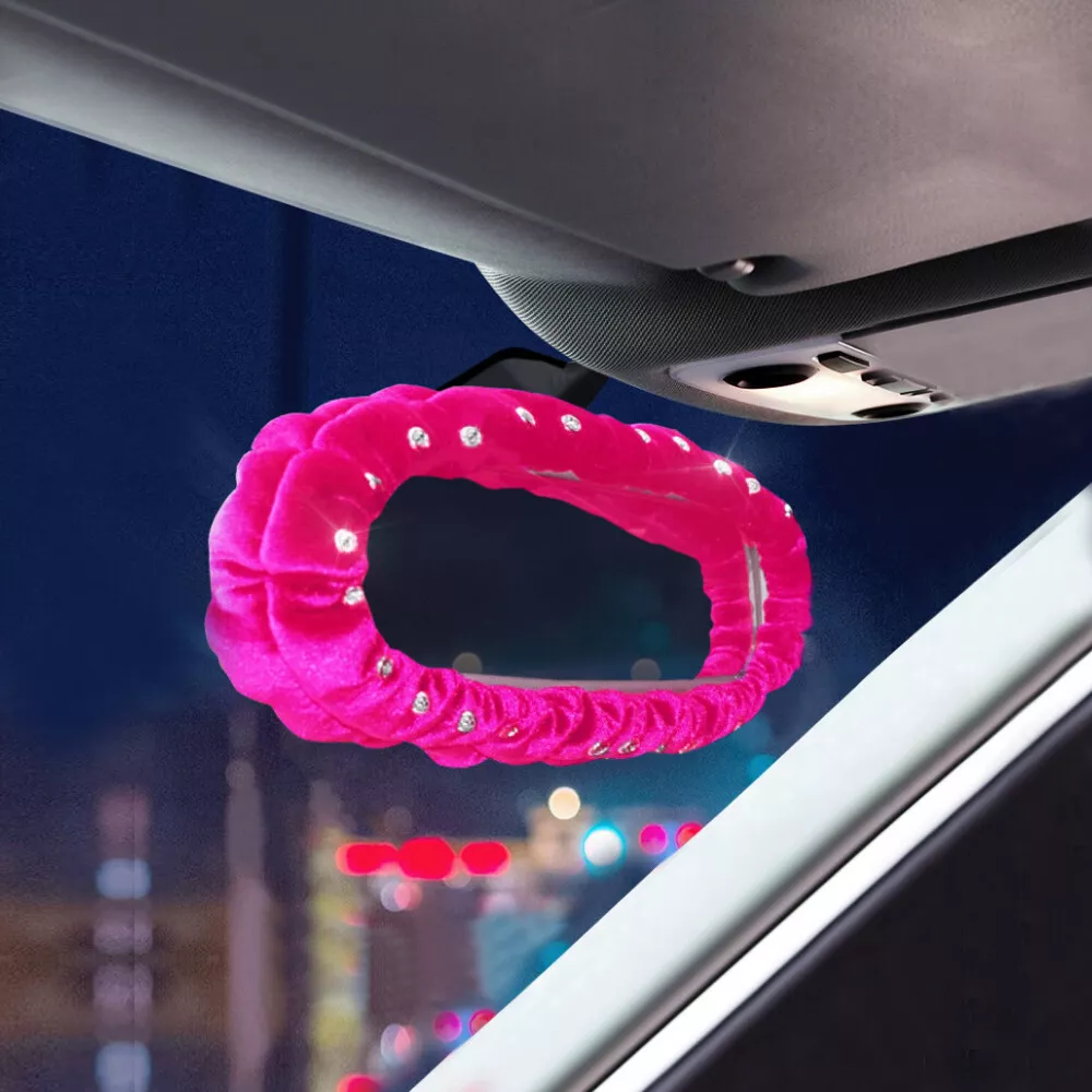 Pink Car Plush Diamond Rearview Mirror Cover Decor For Auto Interior Accessories