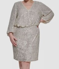 Eliza J Women's Beige Silver Sequin Lined Bell Sleeve Sheath Dress Plus Size 16W