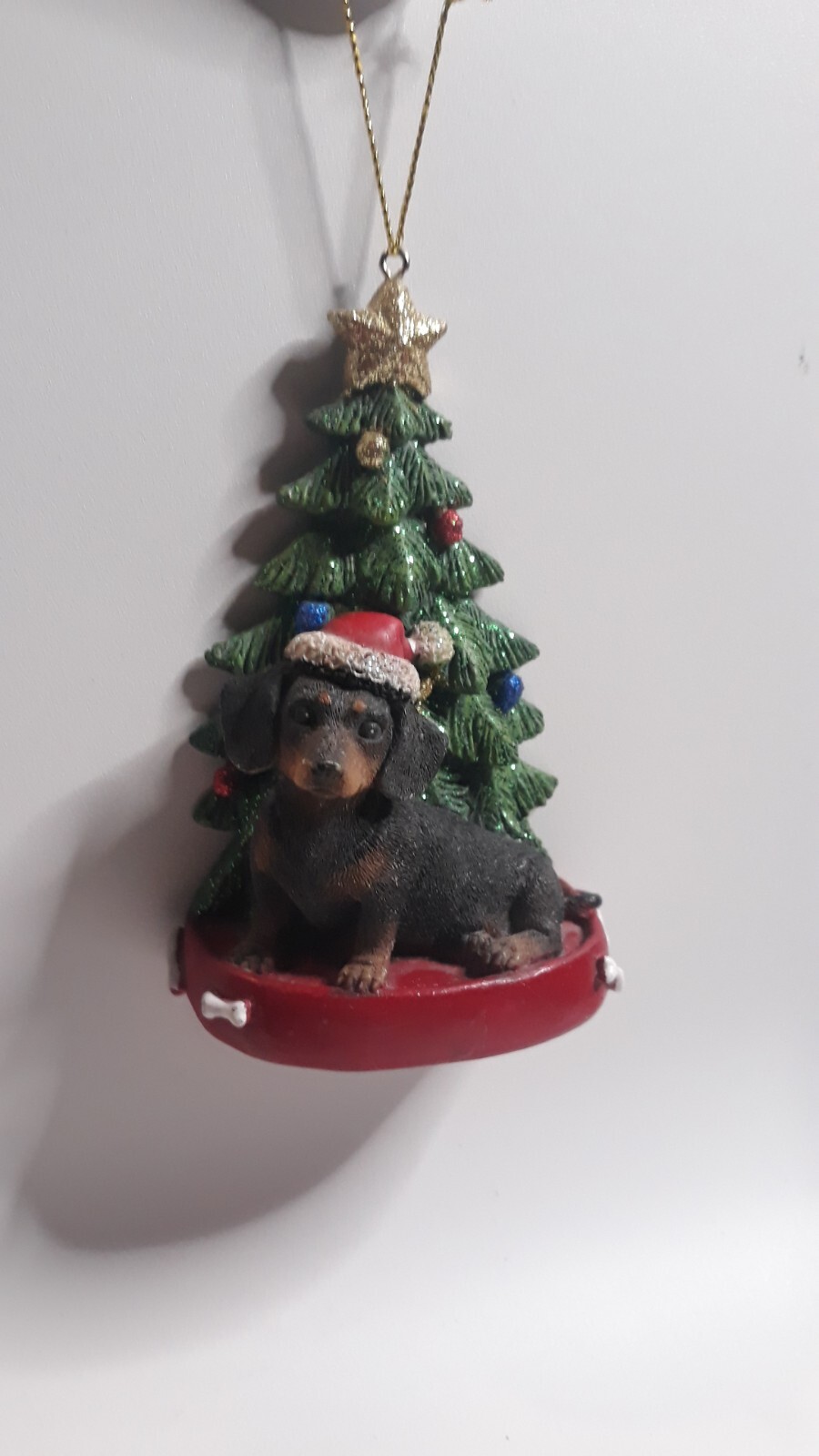 ⭐ Cute Dachshund Wearing Hat In Front Of Tree Christmas Ornament KSA