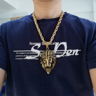 Mens Full Gold Stainless Steel Heavy Byzantine Necklace Large Lion Head Pendant