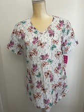 NWT Womens Medium ScrubStar Nurse Medical Pattern Scrub Top Colorful Butterflies