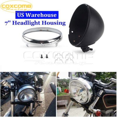 7'' Motorcycle Headlight Black Houring Headlamp Light Bulb Bucket for Cafe Racer