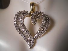 10K YELLOW GOLD WHITE GOLD DIAMOND OPEN HEART LOVE NECKLACE PENDANT 29.5MM