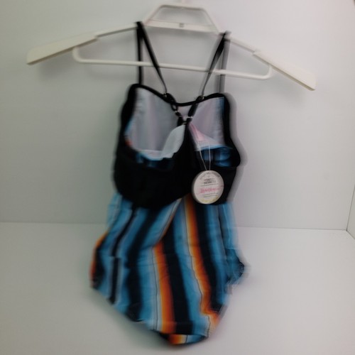 Double K Boutique Girls Size 7T-8T Black Blue Striped 1 Piece Bathing Swim Suit - Picture 2 of 5