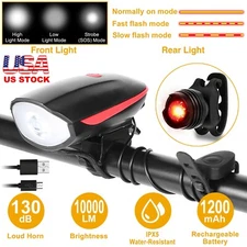 10000lm USB Rechargeable LED Bicycle Headlight Bike Front Rear Light with Horn
