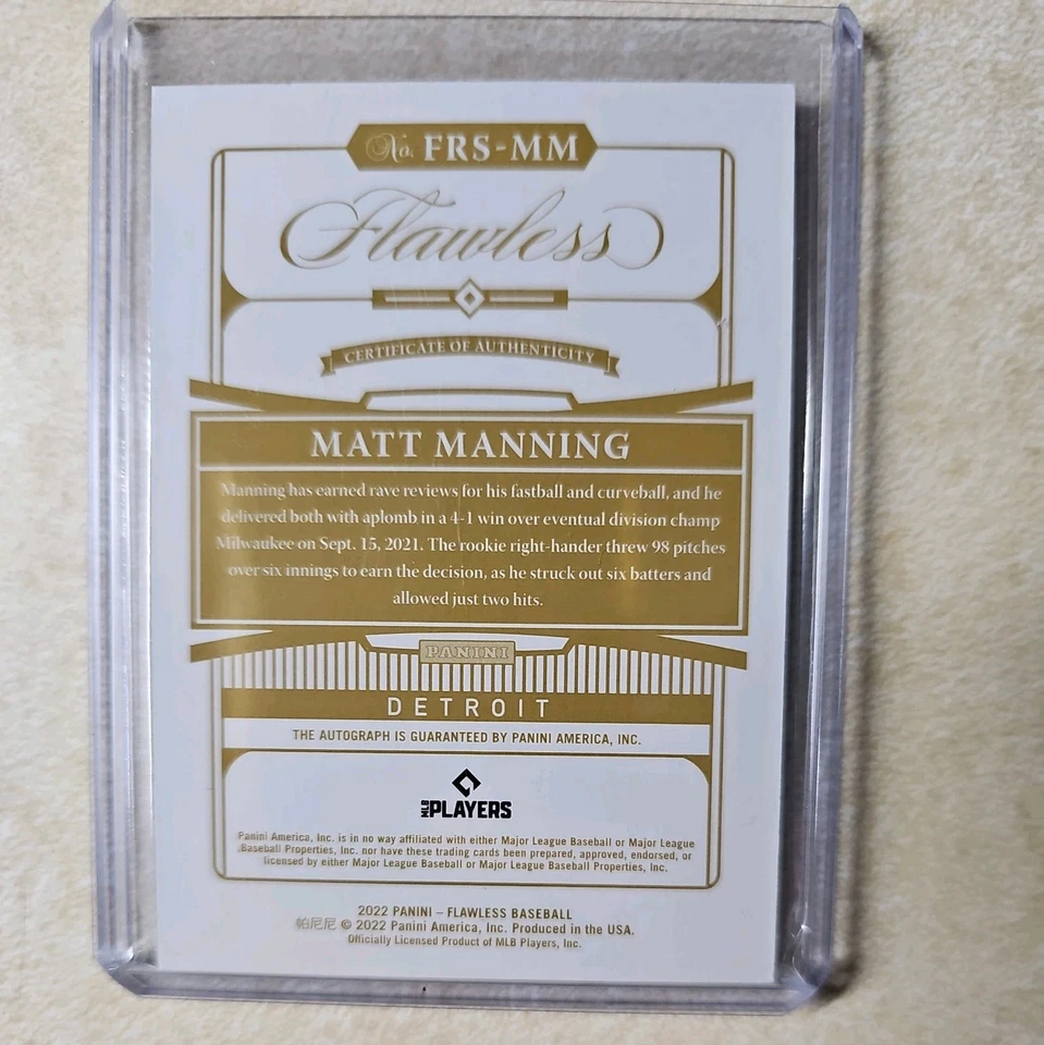 2022 Panini Flawless Baseball Matt Manning Rookie Blue Auto #14/15 🔥COLOR MATCH - Image 2 of 2