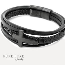 Men's 8" Stainless Steel Black Cross Braided Leather.Magnetic Bracelet BOX